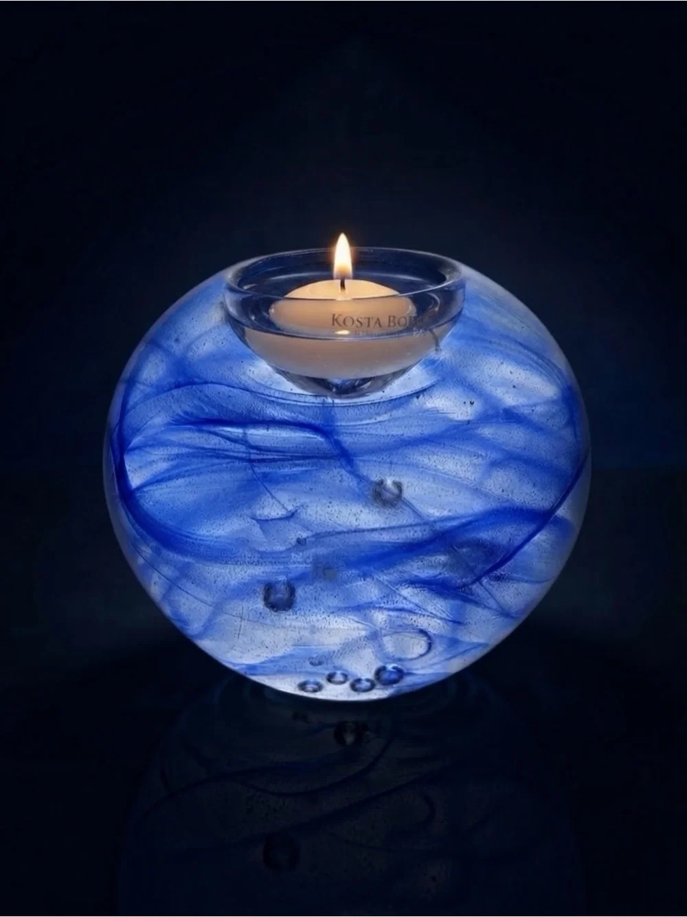 Rare Vintage Kosta Sweden Blue Swirl Art Glass Votive Candle Holder